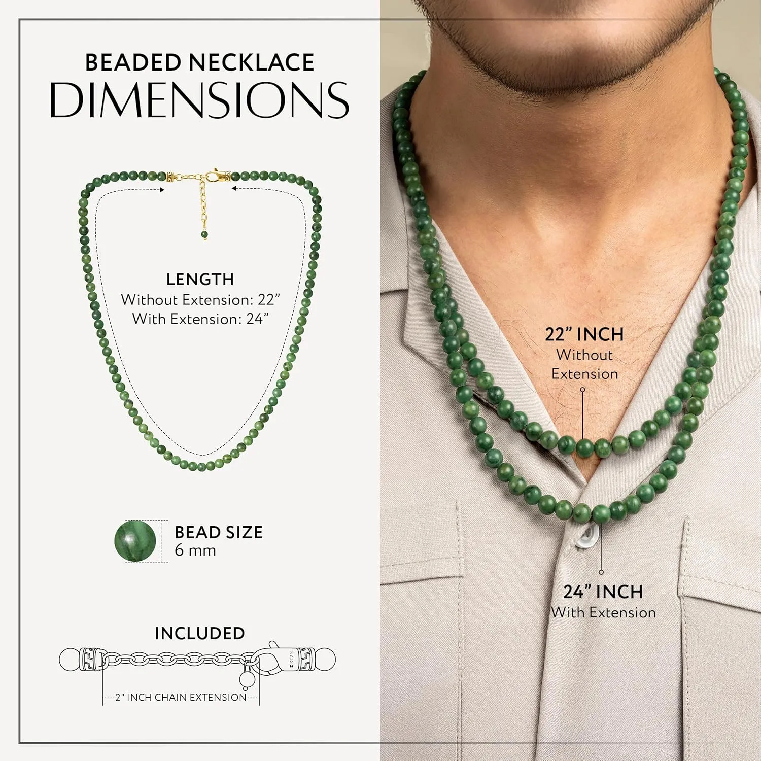 RTZN Mens Beaded Necklaces  Premium Artisan Handcrafted Jade Necklace for Men  6MM Beaded Necklace for Men and Women Adjustable 22"- 24 Inches (African Jade)