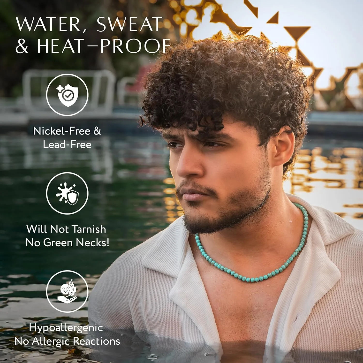 RTZN Mens Beaded Necklaces  Premium Artisan Handcrafted Turquoise Necklace for Men  6MM Beaded Necklace for Men and Women Adjustable 22"- 24 Inches (Turquoise)