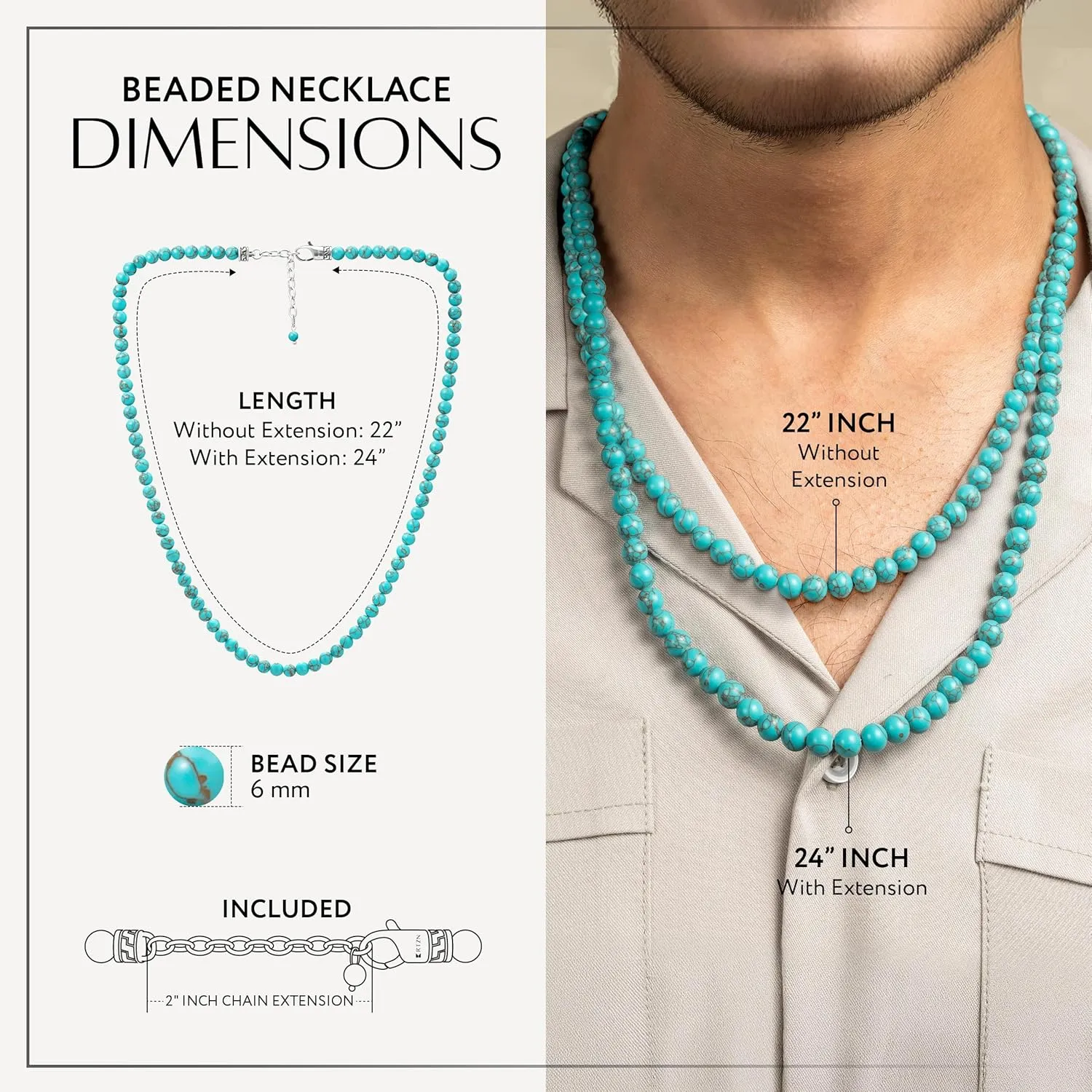 RTZN Mens Beaded Necklaces  Premium Artisan Handcrafted Turquoise Necklace for Men  6MM Beaded Necklace for Men and Women Adjustable 22"- 24 Inches (Turquoise)