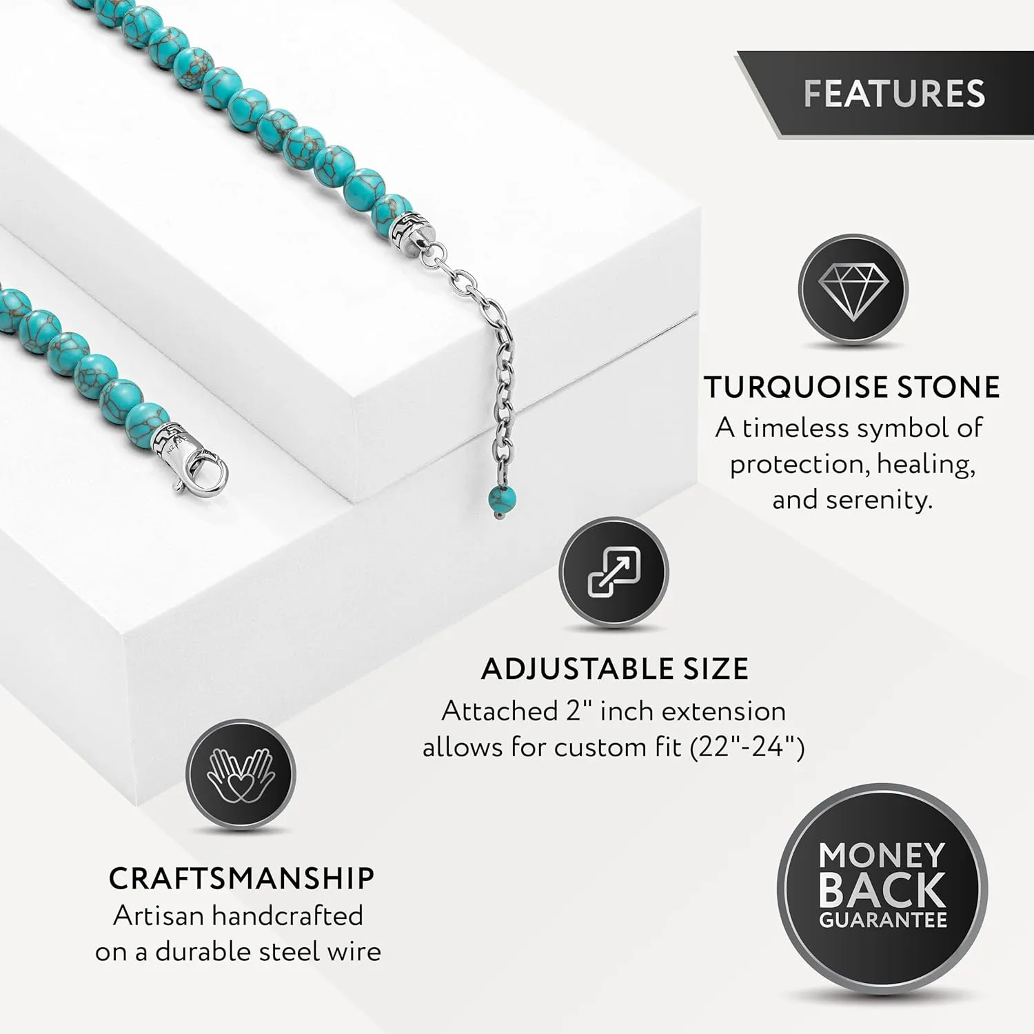 RTZN Mens Beaded Necklaces  Premium Artisan Handcrafted Turquoise Necklace for Men  6MM Beaded Necklace for Men and Women Adjustable 22"- 24 Inches (Turquoise)
