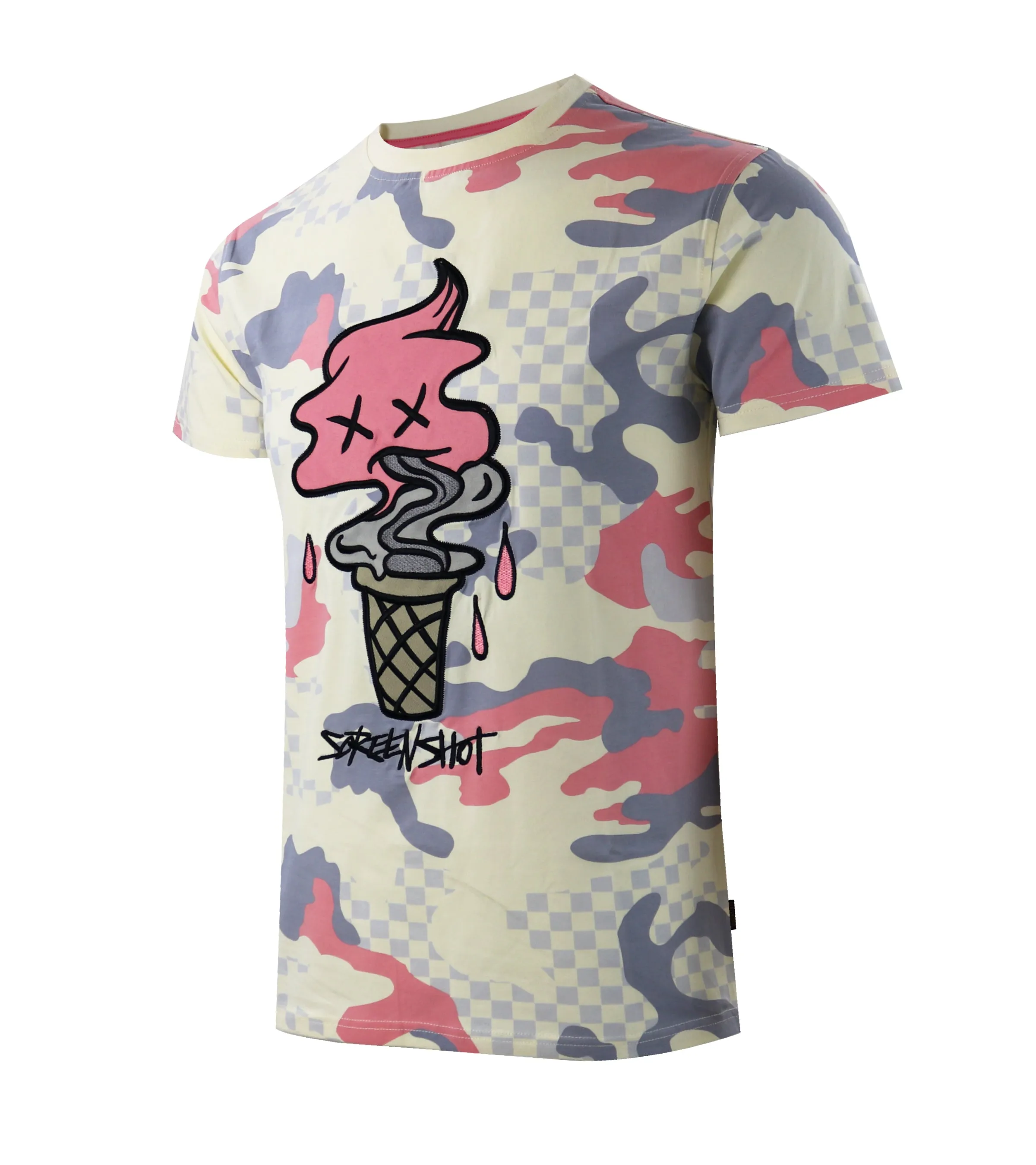 S11376-CHECKER CAMO TRENDY T-SHIRTS (CREAM)