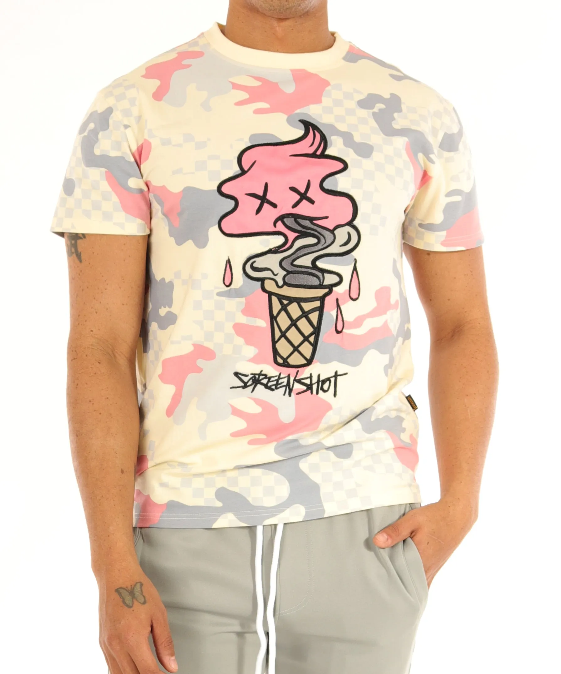 S11376-CHECKER CAMO TRENDY T-SHIRTS (CREAM)