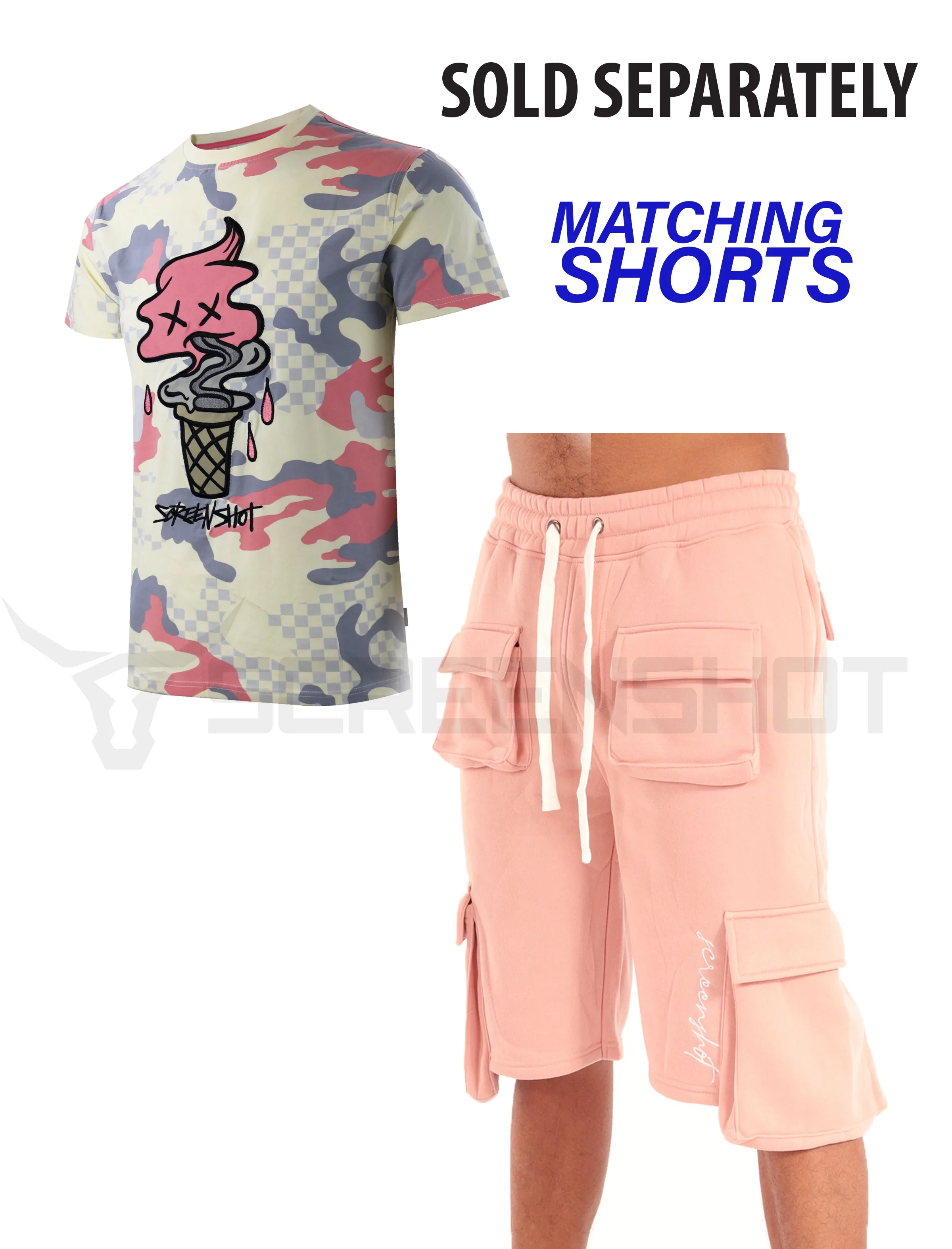 S11376-CHECKER CAMO TRENDY T-SHIRTS (CREAM)