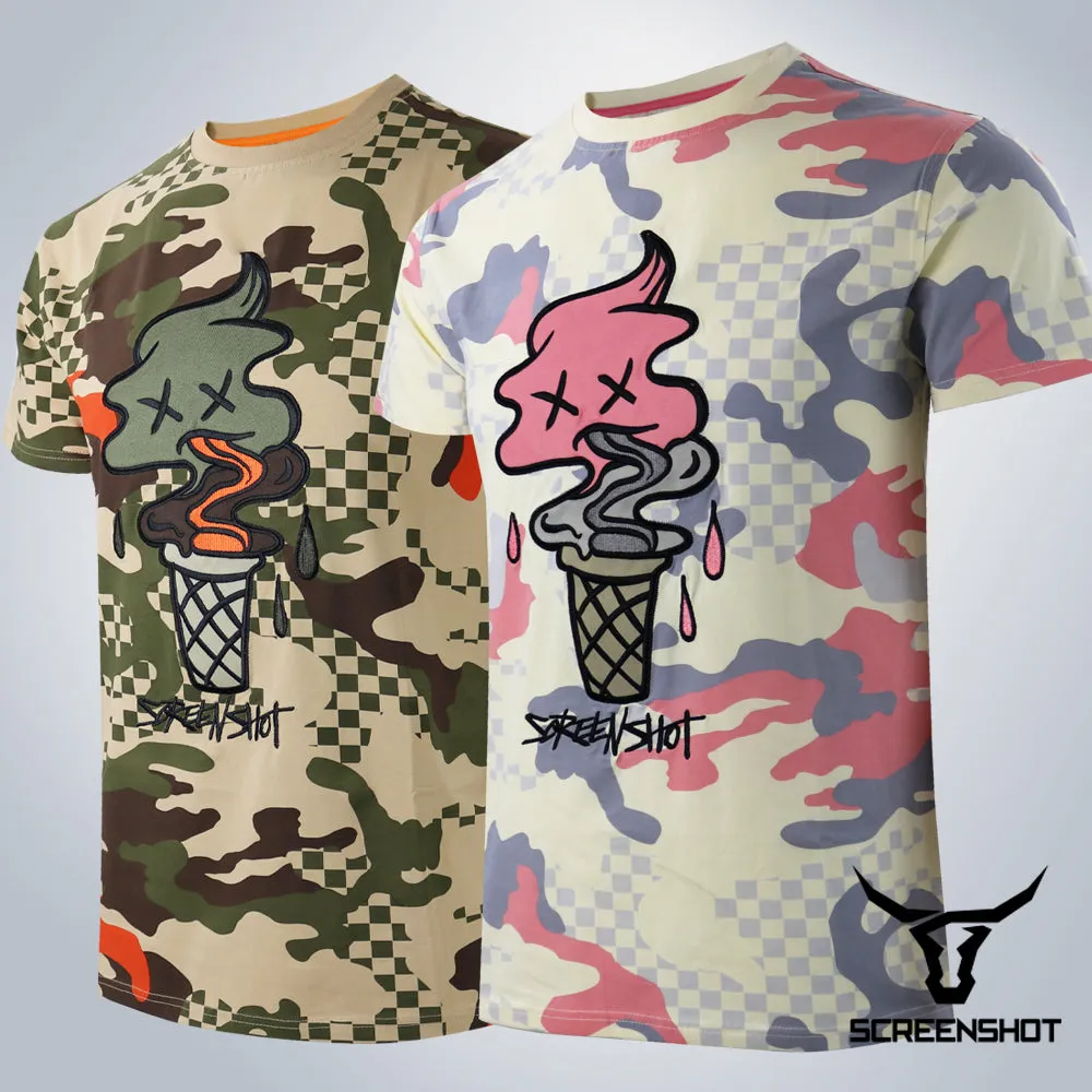 S11376-CHECKER CAMO TRENDY T-SHIRTS (CREAM)