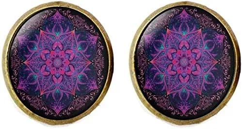 Sacred Geometry Cufflinks,Violet Lotus Jewelry,Mandala,Spiritual Amulet,Religious Jewelry Vintage Charm Glass Photo Jewelry