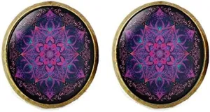 Sacred Geometry Cufflinks,Violet Lotus Jewelry,Mandala,Spiritual Amulet,Religious Jewelry Vintage Charm Glass Photo Jewelry