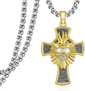 Sacred Heart Necklace 925 Sterling Silver Sacred Heart of Jesus Necklace Christian Cross Necklace Sacred Heart Gifts for Men