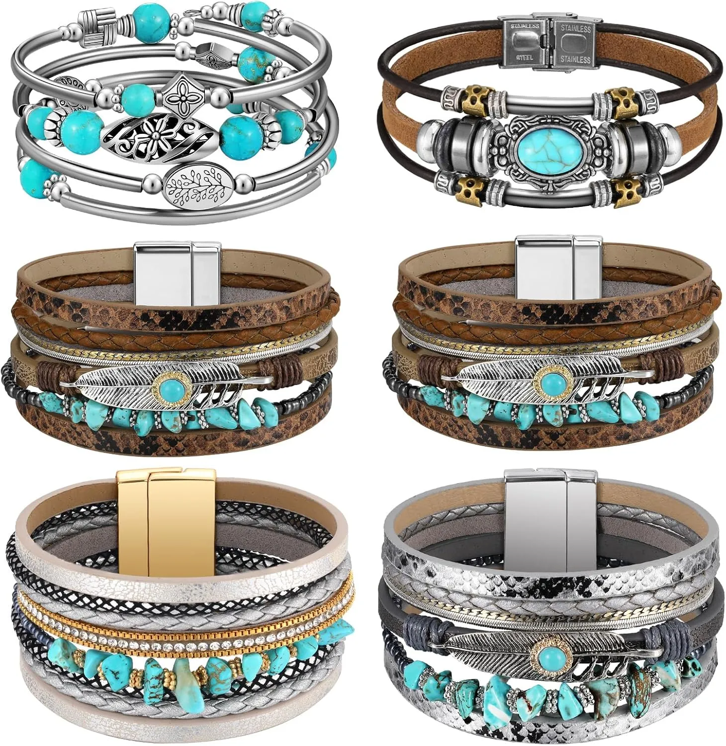 Sasylvia 6 Pcs Turquoise Bohemian Bracelets Multilayer Boho Cuff Wrap Bracelet Faux Leather Western Hippie Jewelry for Women