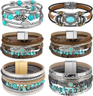 Sasylvia 6 Pcs Turquoise Bohemian Bracelets Multilayer Boho Cuff Wrap Bracelet Faux Leather Western Hippie Jewelry for Women