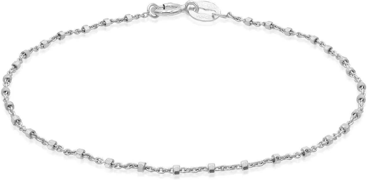 SEA OF ICE Sterling Silver 1mm Diamond-Cut Alternate Bead Italy Rolo Chain Bracelet for Women, Size 7.25 Inches