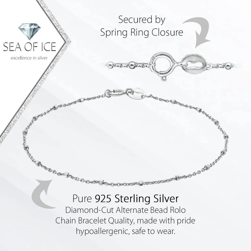 SEA OF ICE Sterling Silver 1mm Diamond-Cut Alternate Bead Italy Rolo Chain Bracelet for Women, Size 7.25 Inches