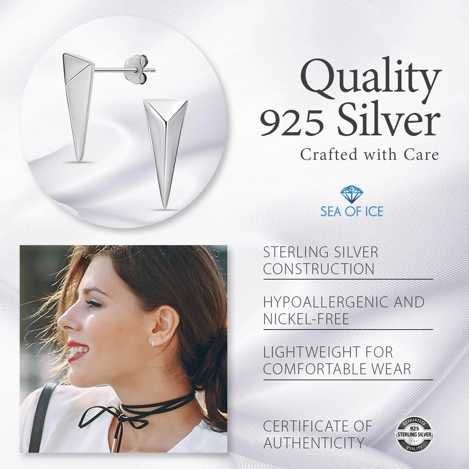Sea of Ice Sterling Silver Polish Finished Water Drop Dangle, Mini Bar, Triangle, Infinity Minimalist Stud Earrings for Women - Elegant Sterling Silver Earrings for Women  Nickel-Free