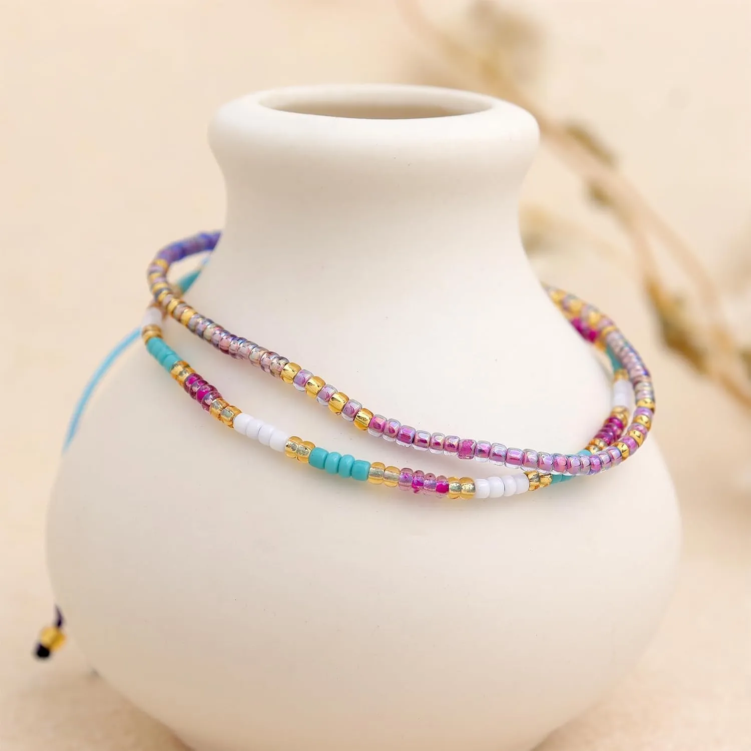 Seed Beaded Bracelets for Women, Boho Handmade Adjustable Colorful Beads Strand Summer Beach Jewelry Gift.