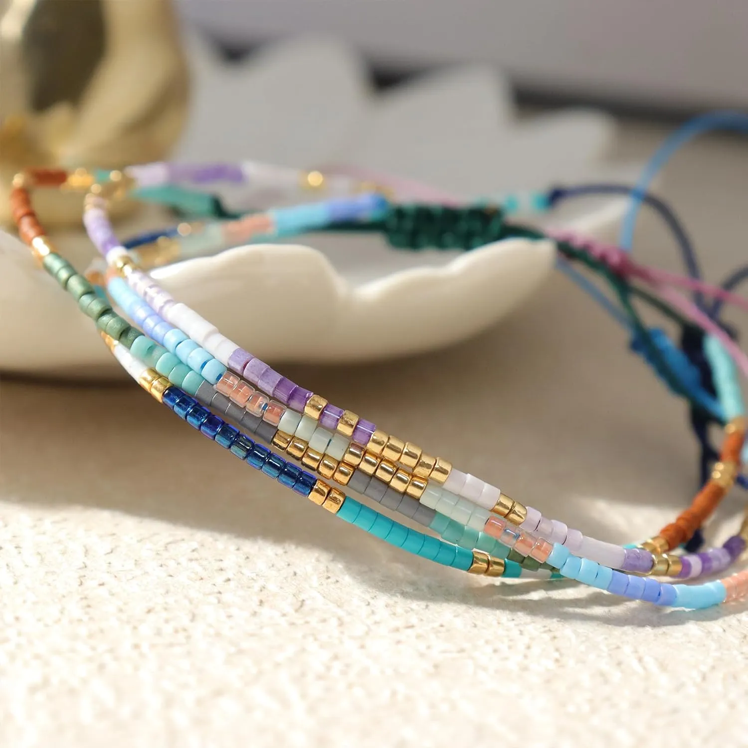 Seed Beaded Stack Bracelets Set for Women, Boho Handmade Adjustable Colorful Beads Stackable Strand Bracelet Prom Jewelry Gift.