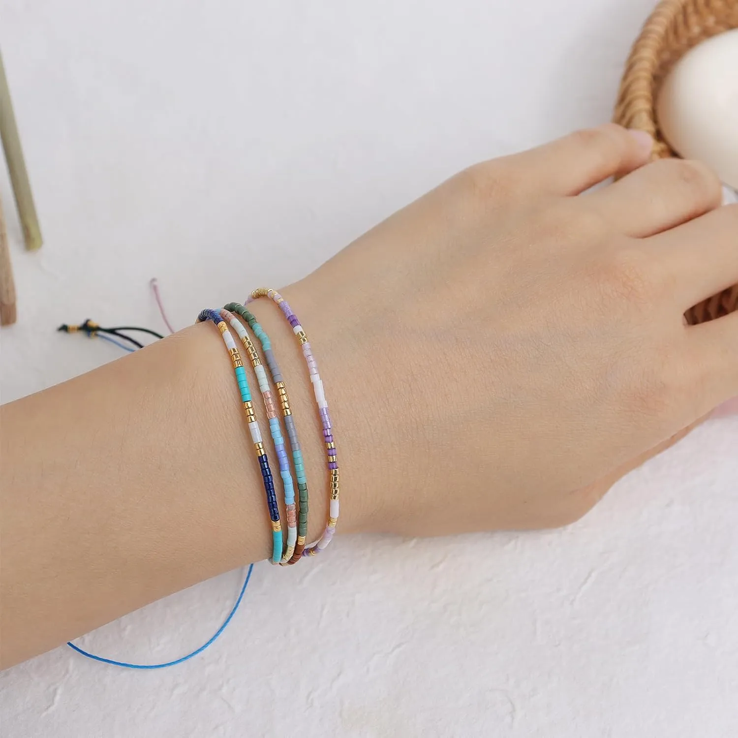 Seed Beaded Stack Bracelets Set for Women, Boho Handmade Adjustable Colorful Beads Stackable Strand Bracelet Prom Jewelry Gift.