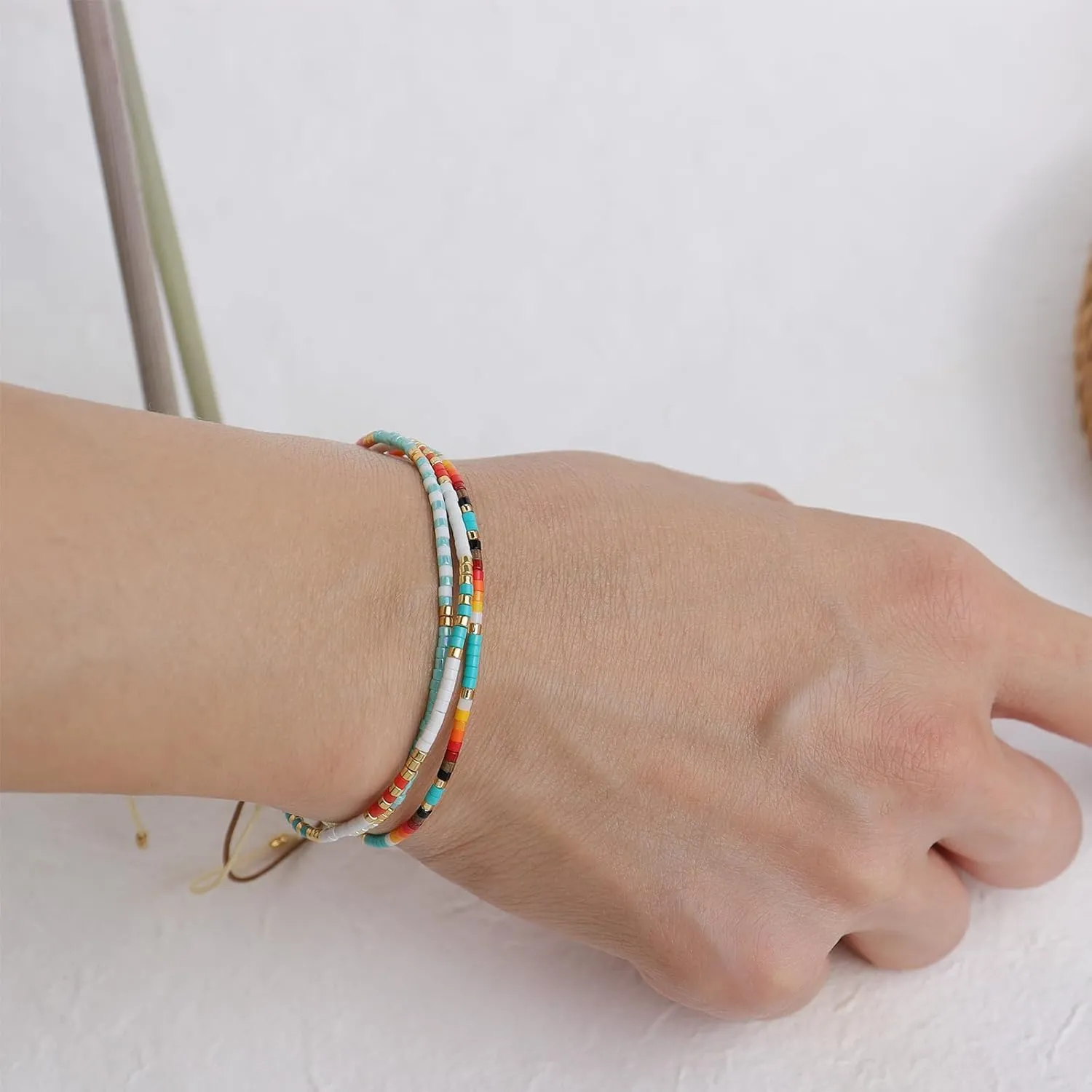 Seed Beaded Stack Bracelets Set for Women, Boho Handmade Adjustable Colorful Beads Stackable Strand Bracelet Prom Jewelry Gift.