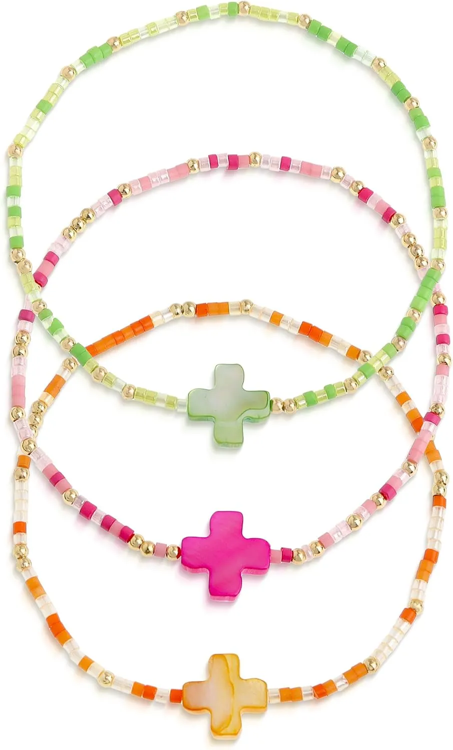 Seed Beads Cross Friendship Bracelets Stack Set for Women, 3Pcs Cute Boho Handmade Pink Green Orange Colorful Stackable Bracelets Summer Beach Jewelry Gift.