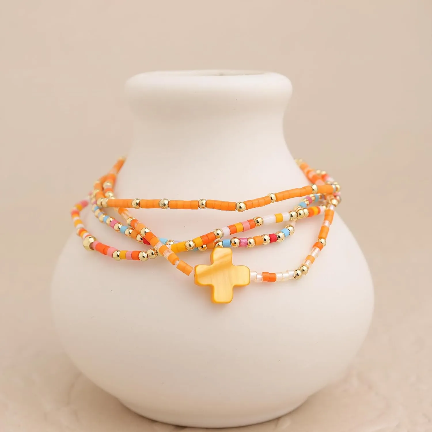 Seed Beads Cross Friendship Stack Bracelets Set for Women, Boho Handmade Colorful Stackable Bracelet Summer Beach Jewelry Gift.