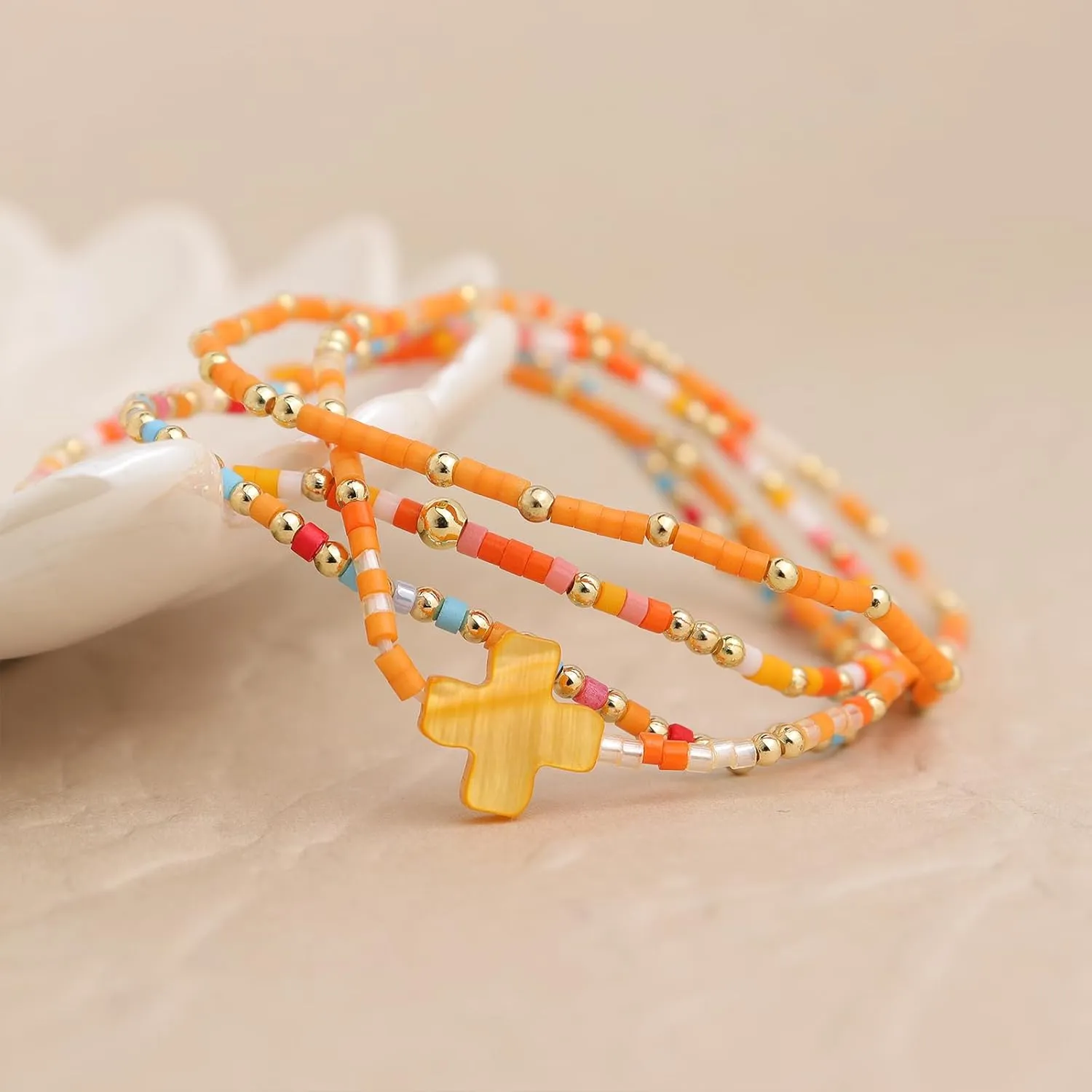 Seed Beads Cross Friendship Stack Bracelets Set for Women, Boho Handmade Colorful Stackable Bracelet Summer Beach Jewelry Gift.