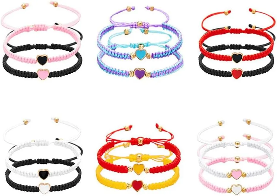 Set of 2 Colorful Heart Beaded Matching Bracelets, Couples Friendship Bracelet, Adjustable Braided Bracelet Cute Jewelry Gifts for Friends