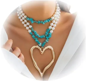 Sexy Multi-layered Beaded Choker Necklaces Summer Beach Pearl Clavicle Chain Necklace Big Heart Pendant Body Jewelry Festival Pearl Collar Body Chain Necklace for Women