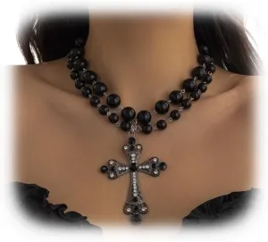 Sexy Rhinestone Cross Pendant Collar Necklace Gothic Multi Layered Beaded Choker Necklace Wedding Bridal Pearl Necklace Statement Pearl Clavicle Chain Jewelry for Women