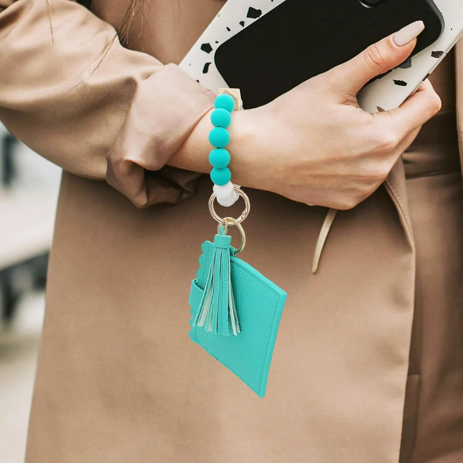 Silicone Keychain Wallet with Zipper Pocket, Slim Wristlet Purse with Tassel and Bracelet Key Ring for Women and Men