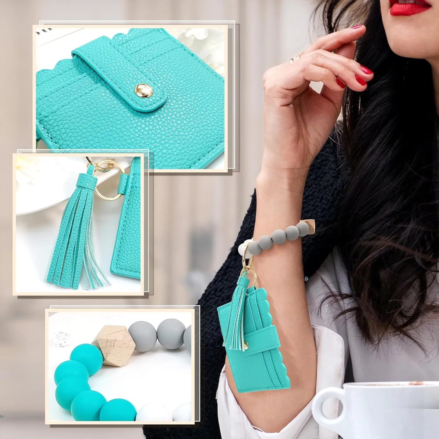 Silicone Keychain Wallet with Zipper Pocket, Slim Wristlet Purse with Tassel and Bracelet Key Ring for Women and Men