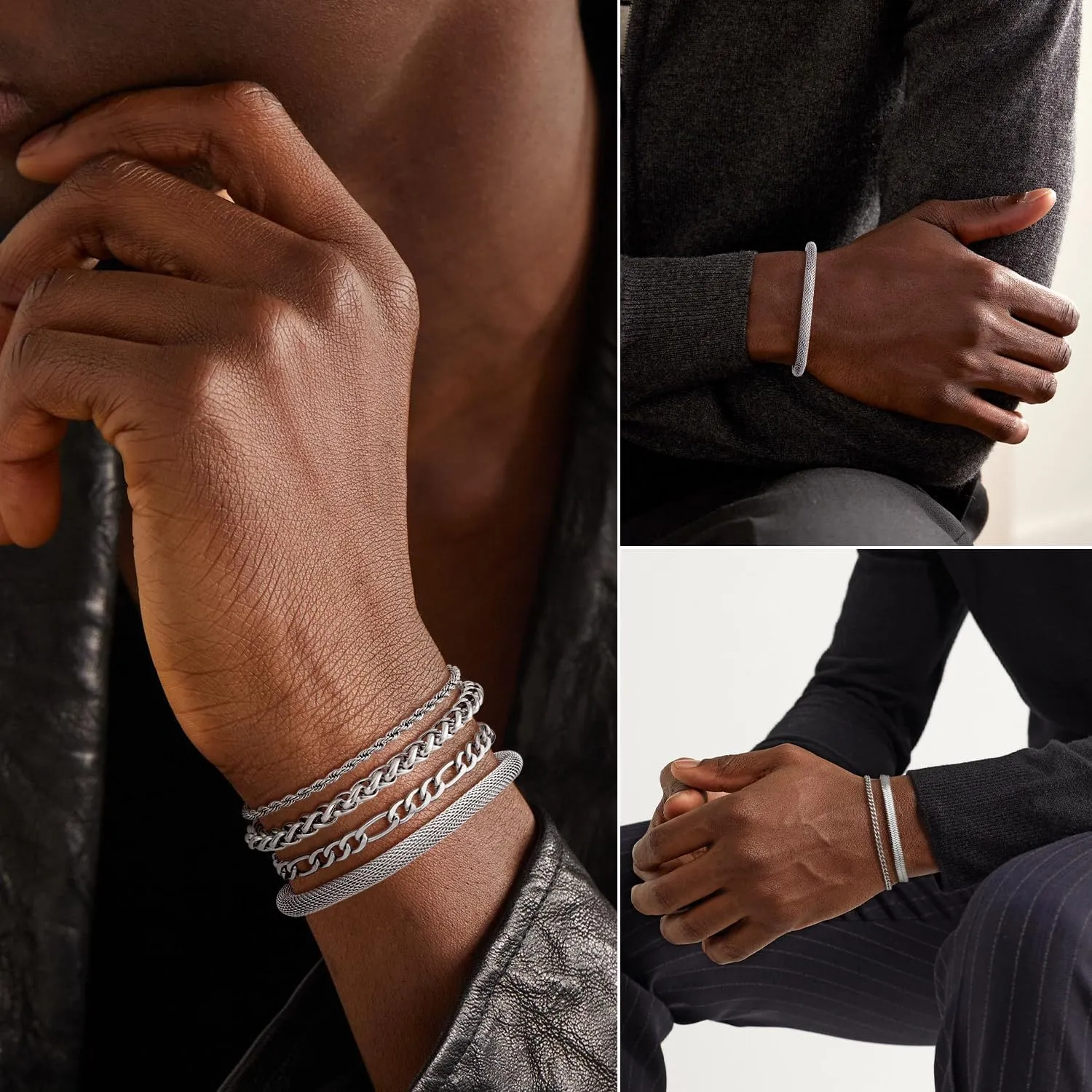 Silver Chain Bracelet for Men Women,6 Pcs Stainless Steel Bracelet for Men Metal Bracelets Set 6.0''6.8''7.5" 8.0" 8.5" Men Silver Jewelry Gifts for Women Men