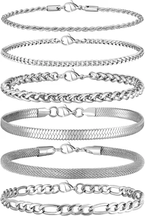 Silver Chain Bracelet for Men Women,6 Pcs Stainless Steel Bracelet for Men Metal Bracelets Set 6.0''6.8''7.5" 8.0" 8.5" Men Silver Jewelry Gifts for Women Men