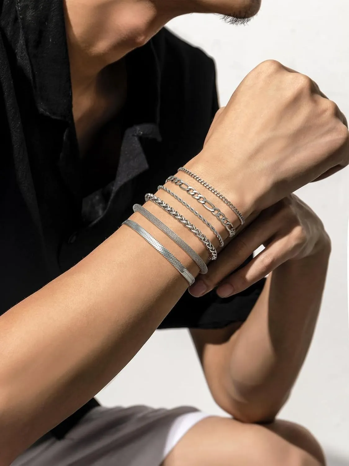 Silver Chain Bracelet for Men Women,6 Pcs Stainless Steel Bracelet for Men Metal Bracelets Set 6.0''6.8''7.5" 8.0" 8.5" Men Silver Jewelry Gifts for Women Men