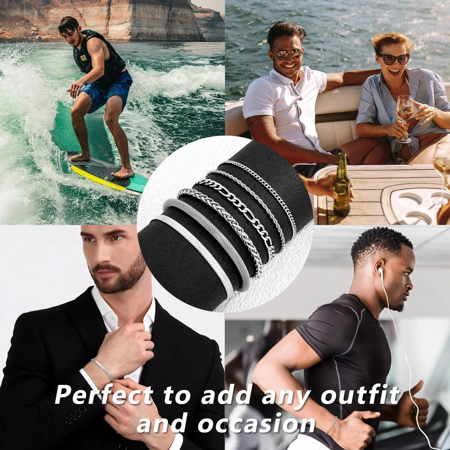 Silver Chain Bracelet for Men Women,6 Pcs Stainless Steel Bracelet for Men Metal Bracelets Set 6.0''6.8''7.5" 8.0" 8.5" Men Silver Jewelry Gifts for Women Men