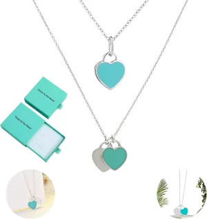 Silver Double Mini Heart Tag Pendant Necklace for Women, Cute Heart Necklace Jewelry for Valentines Gifts