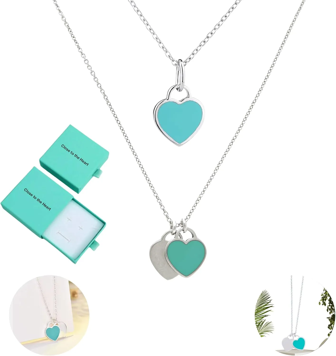 Silver Double Mini Heart Tag Pendant Necklace for Women, Cute Heart Necklace Jewelry for Valentines Gifts