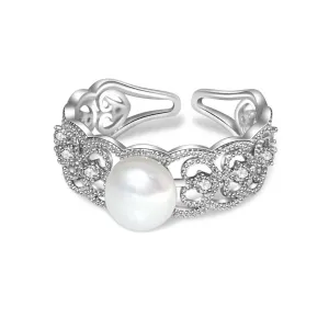 Silver Pearl Ring, Real Freshwater Pearl Rings for Women, Luxury Wedding Ring with Cubic Zirconia, Adjustable June Birthstone Ring Jewlery Gift (White Pearl)