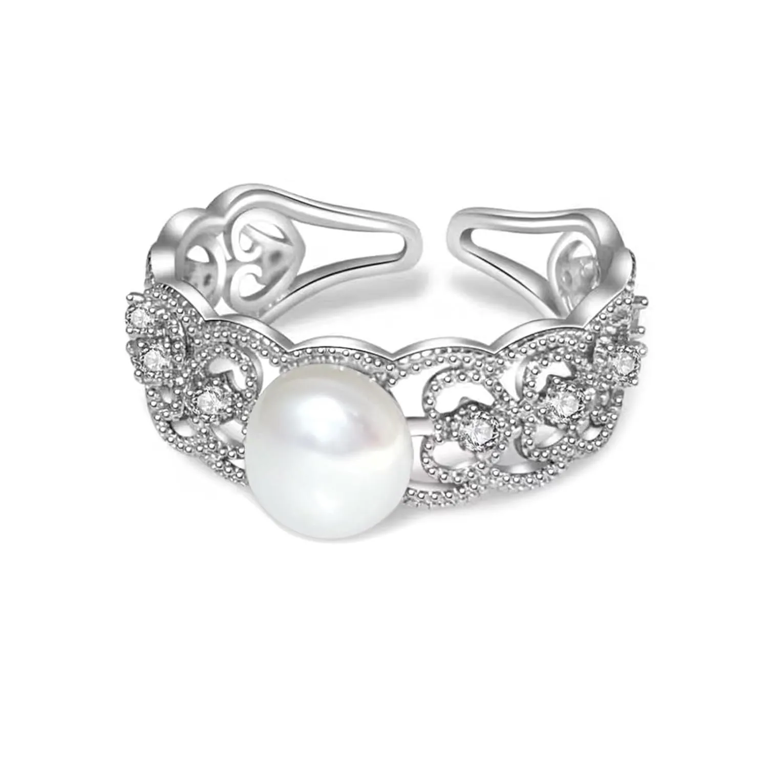Silver Pearl Ring, Real Freshwater Pearl Rings for Women, Luxury Wedding Ring with Cubic Zirconia, Adjustable June Birthstone Ring Jewlery Gift (White Pearl)