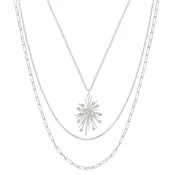 Silver Rhinestone Sunburst w/Layered Chains Necklace