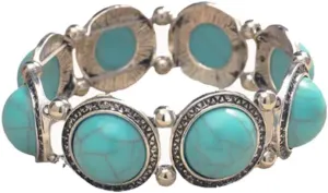 Silver Tone Southwest Western Navajo Style Resin Turquoise Chunky Statement Stretch Bracelet for Large Wrists