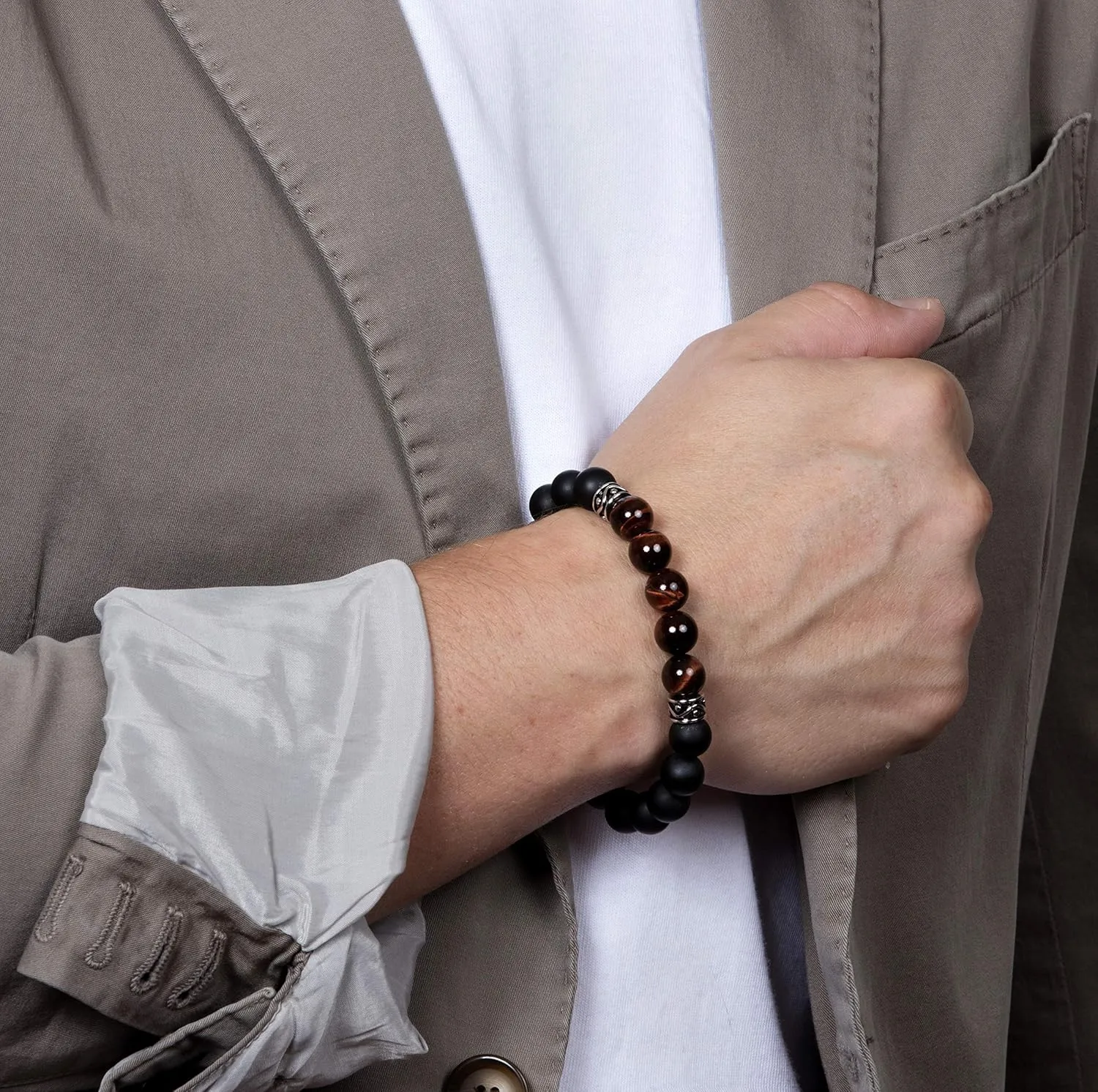 Spartan Mens Beaded Bracet with Matte Black Agate and Various Gems with 925 Sterling Silver Connectors - 10mm