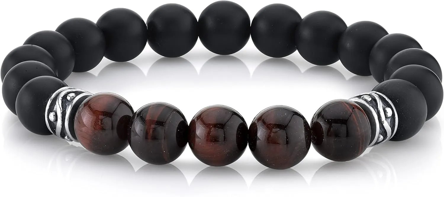 Spartan Mens Beaded Bracet with Matte Black Agate and Various Gems with 925 Sterling Silver Connectors - 10mm