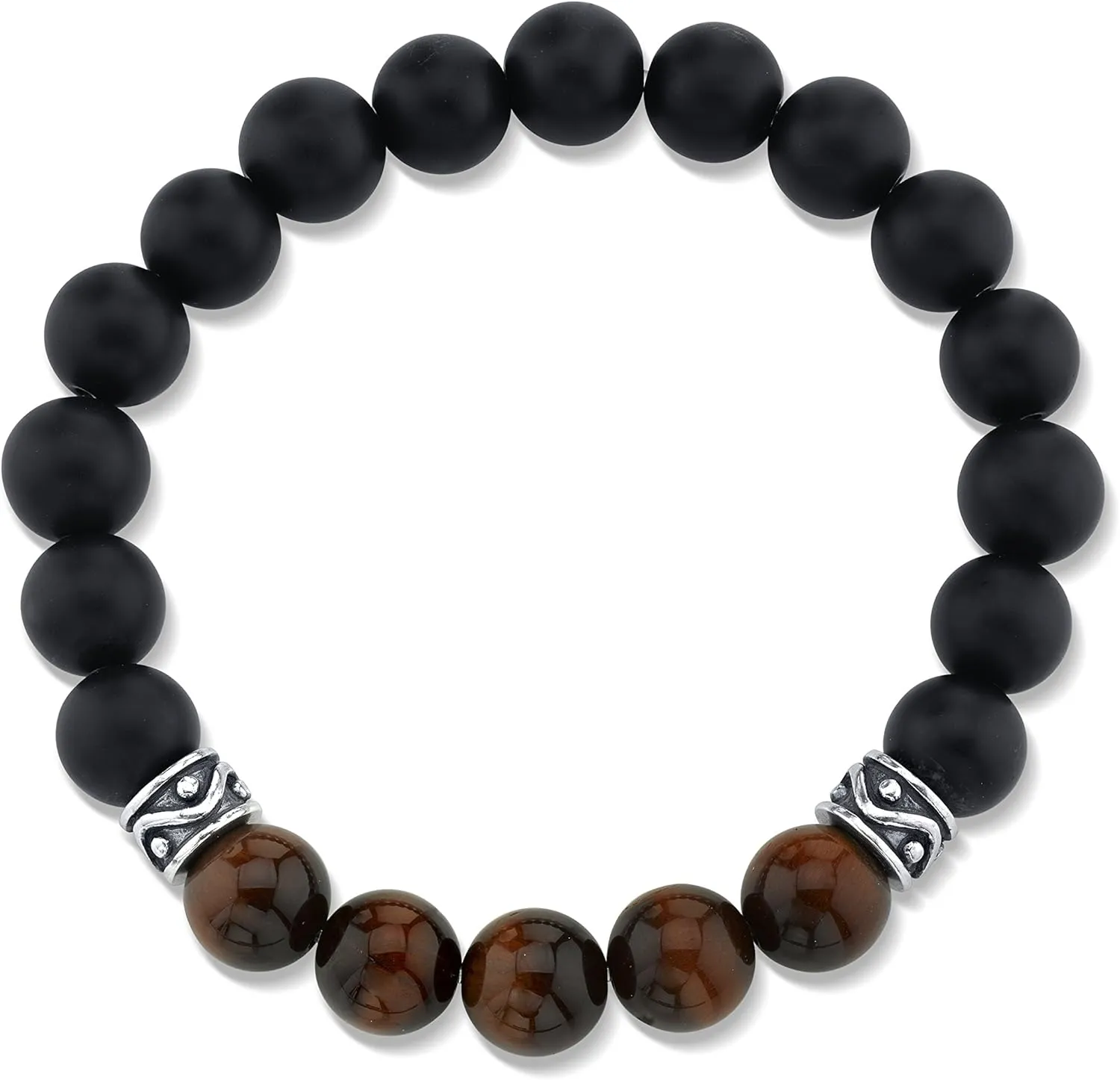 Spartan Mens Beaded Bracet with Matte Black Agate and Various Gems with 925 Sterling Silver Connectors - 10mm