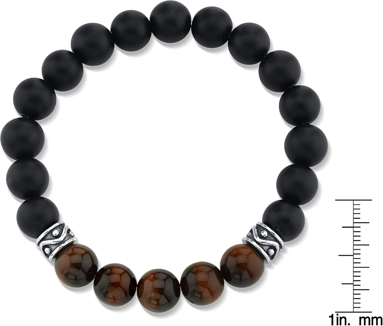 Spartan Mens Beaded Bracet with Matte Black Agate and Various Gems with 925 Sterling Silver Connectors - 10mm
