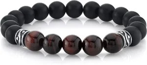 Spartan Mens Beaded Bracet with Matte Black Agate and Various Gems with 925 Sterling Silver Connectors - 10mm