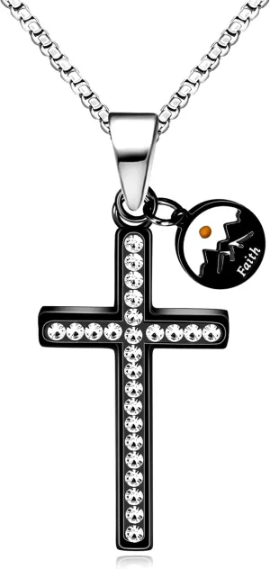 Stainless Steel Black Cross Faith Religious Necklace Inlaid Cubic Zirconia with Round Mountain Mustard Seed Pendant Necklace