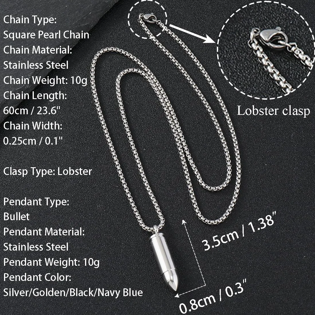 Stainless Steel Bullet Pendants Necklaces for Men Women, 23.6" Square Pearl Chain