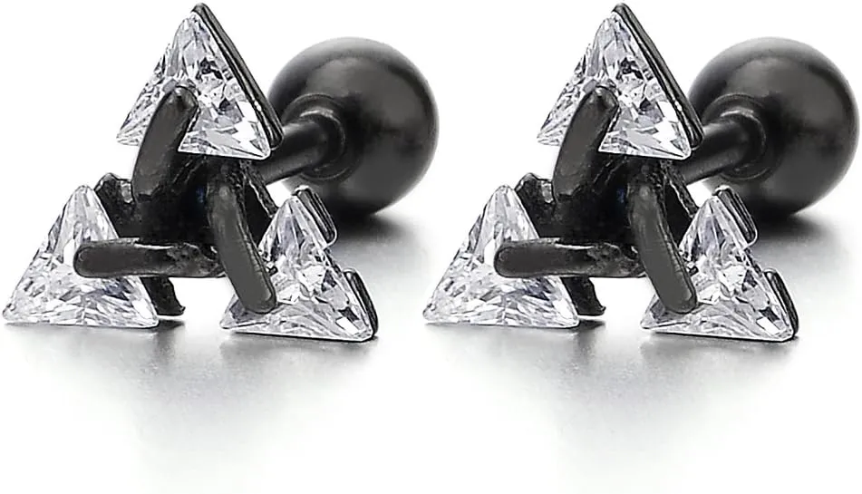 Stainless Steel Triangle Cubic Zirconia Stud Earrings for Men Women, Screw Back Post, 2pcs