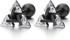 Stainless Steel Triangle Cubic Zirconia Stud Earrings for Men Women, Screw Back Post, 2pcs