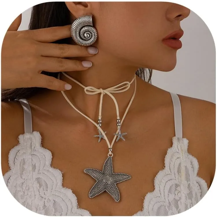 Starfish Shell Beach Necklaces Earrings Jewelry Set Trendy Summer Boho Conch Seashell Pendant Gold Layered Charm Choke Dainty Rope Statement Necklace Fashion Surfer for Women
