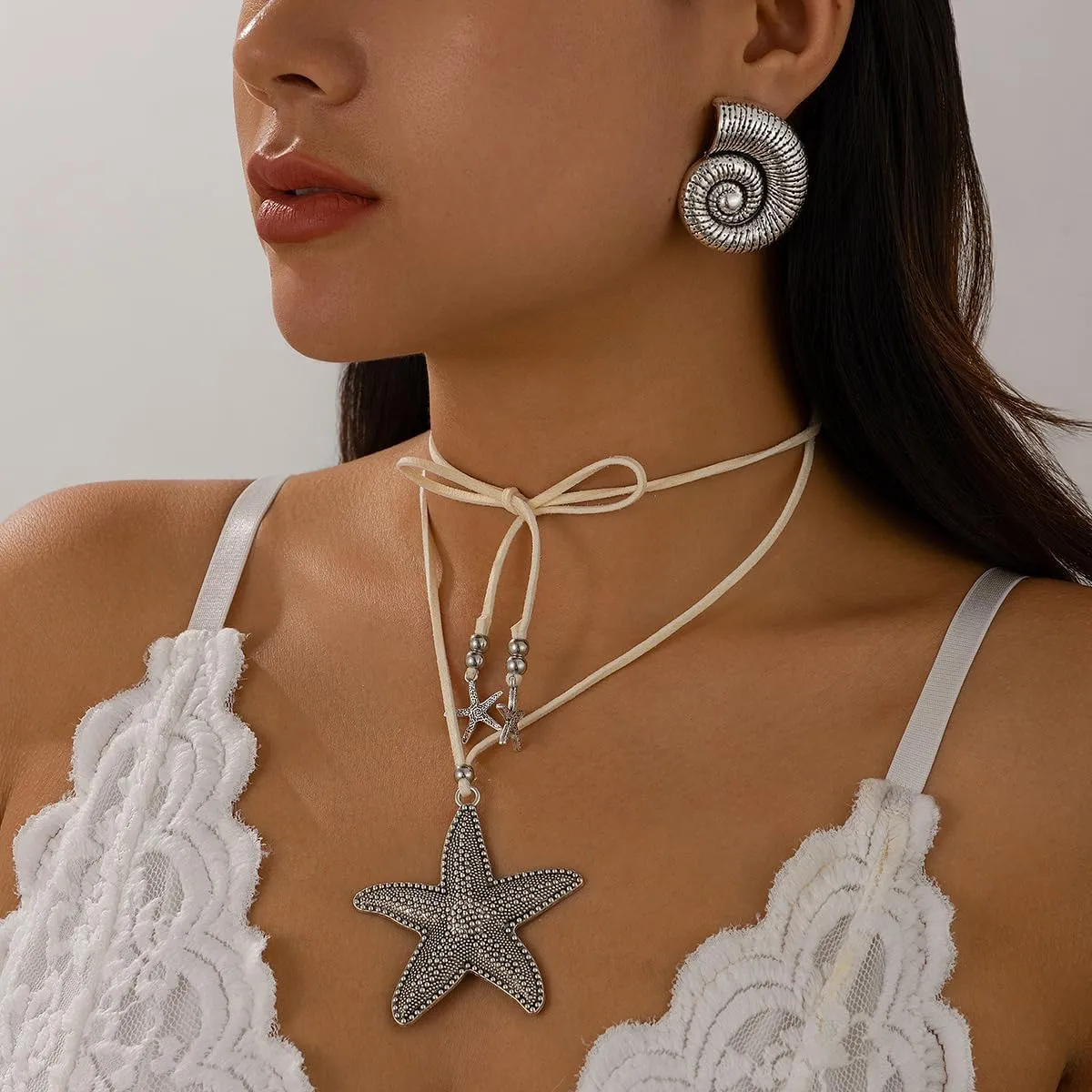 Starfish Shell Beach Necklaces Earrings Jewelry Set Trendy Summer Boho Conch Seashell Pendant Gold Layered Charm Choke Dainty Rope Statement Necklace Fashion Surfer for Women