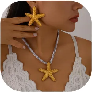 Starfish Shell Beach Necklaces Earrings Jewelry Set Trendy Summer Boho Conch Seashell Pendant Gold Layered Charm Choke Dainty Rope Statement Necklace Fashion Surfer for Women